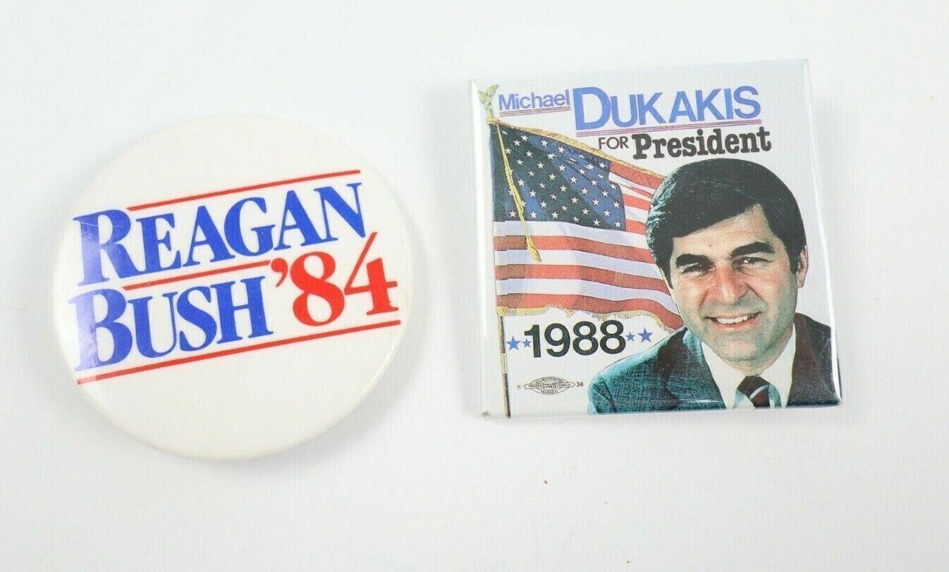Lot of 2 Vintage 1984/1988 Reagan Bush & Michael Dukakis For President Pinbacks