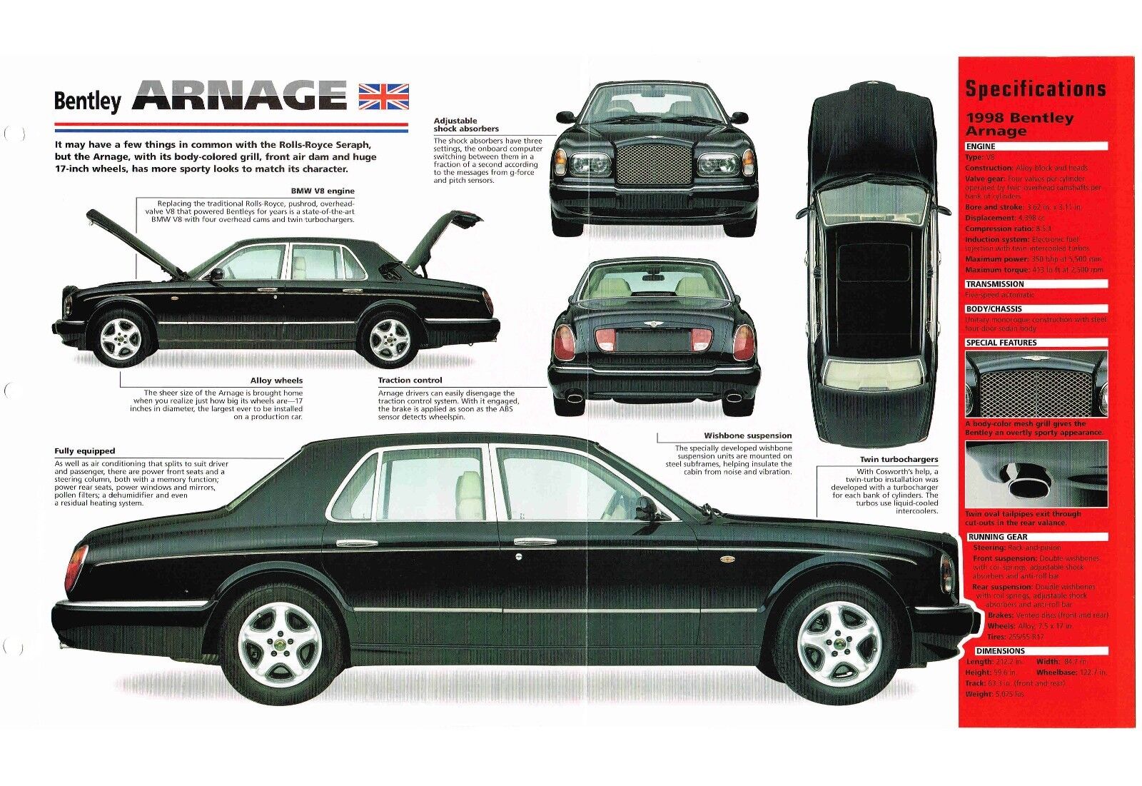 1998 Bentley ARNAGE SPEC SHEET / Brochure / Flyer / Prospekt: \'98