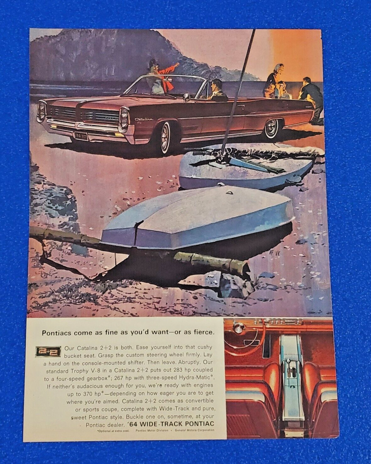1964 PONTIAC CATALINA 2 + 2 TROPHY V8 ORIGINAL COLOR PRINT AD SHIPS FREE LOT RED