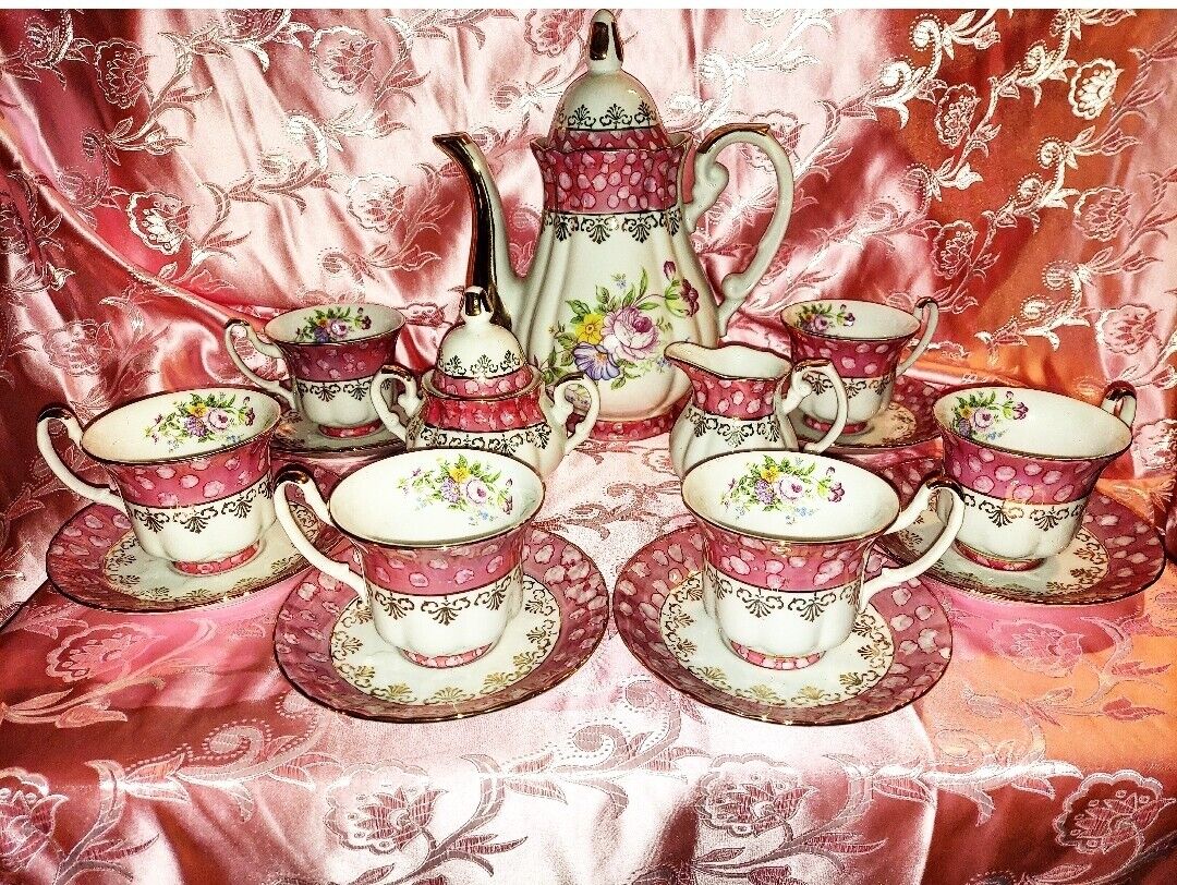 17 pc Vintage Sorelle Fine Porcelain Tea Set Gold Trim Floral Rose Red Gold