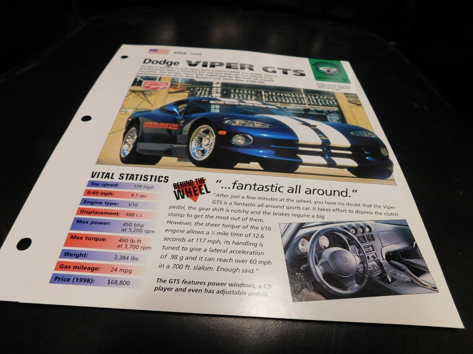 1996-2002 Dodge Viper GTS Spec Sheet Brochure Photo Poster 97 98 99 00 01