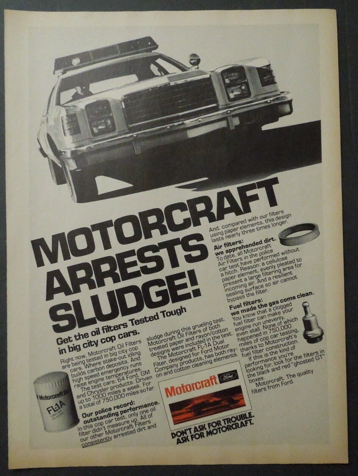1979 MOTORCRAFT Oil, Air & Fuel Filters Magazine Ad - Motorcraft Arrests Sludge