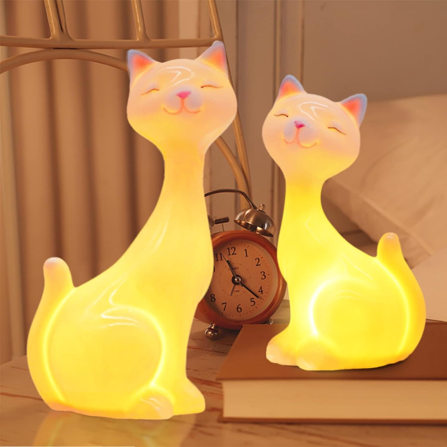 2 PCS White Ceramic Cat Figurines with LED Light, Cute Kitten Statue Home Decor,