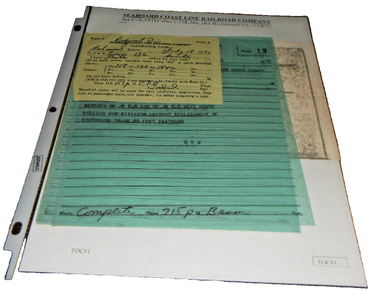 JULY 1971 SCL SEABOARD COAST LINE RICHMOND VIRGINIA TRAIN ORDER