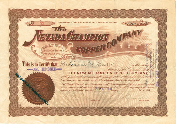 Nevada Champion Copper Co. - Stock Certificate - Mining Stocks