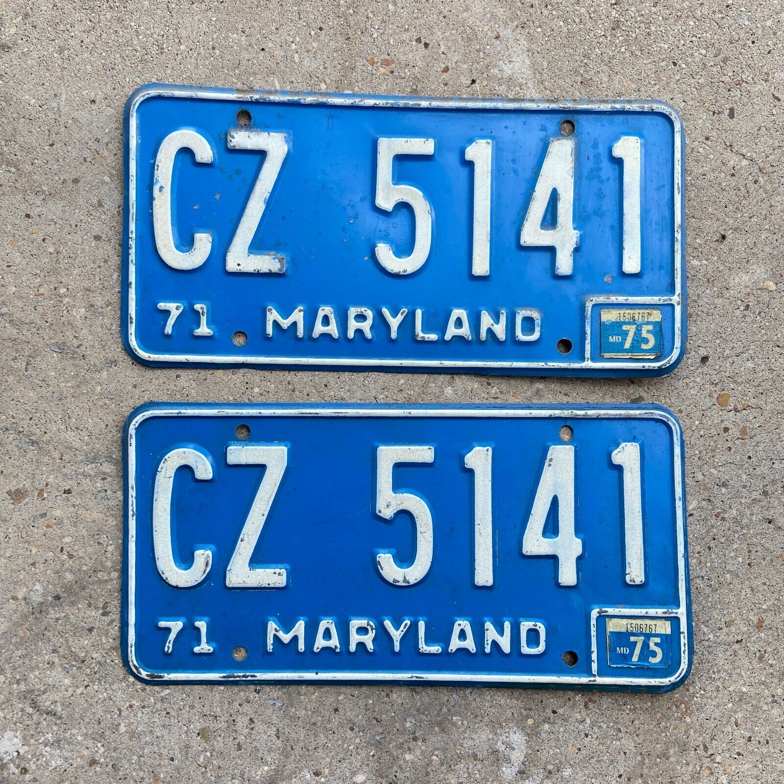 1975 Maryland License Plate Pair CZ 5141 YOM DMV Clear Ford Chevy Pontiac 1971