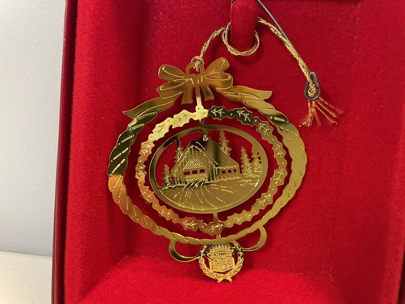 Vintage CADILLAC Oval Christmas House Woods Ornament 24K Gold Finish 2” In Box