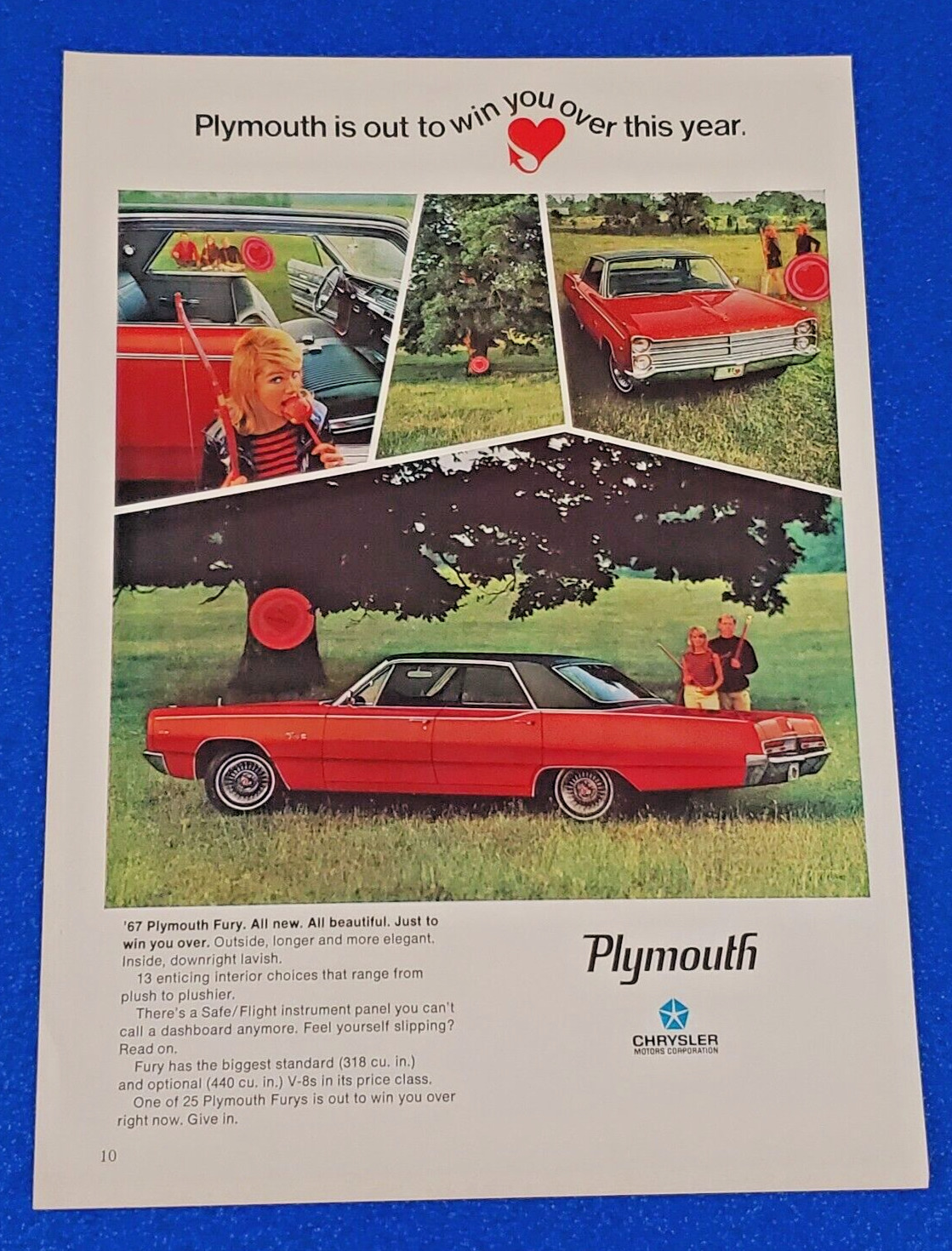 1967 PLYMOUTH FURY 440 V-8 ORIGINAL COLOR PRINT AD SHIPS FREE CHRYSLER LOT RED