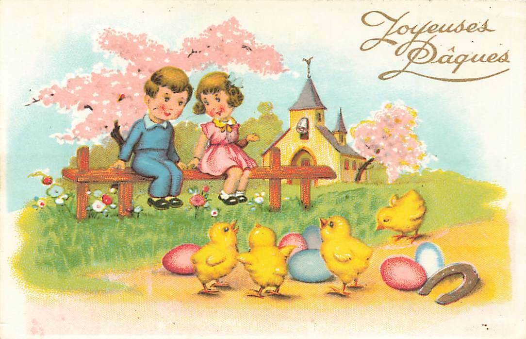 Vintage Boy Girl Sit On Gilt Rail Fence Chicks Eggs Horseshoe Easter P156