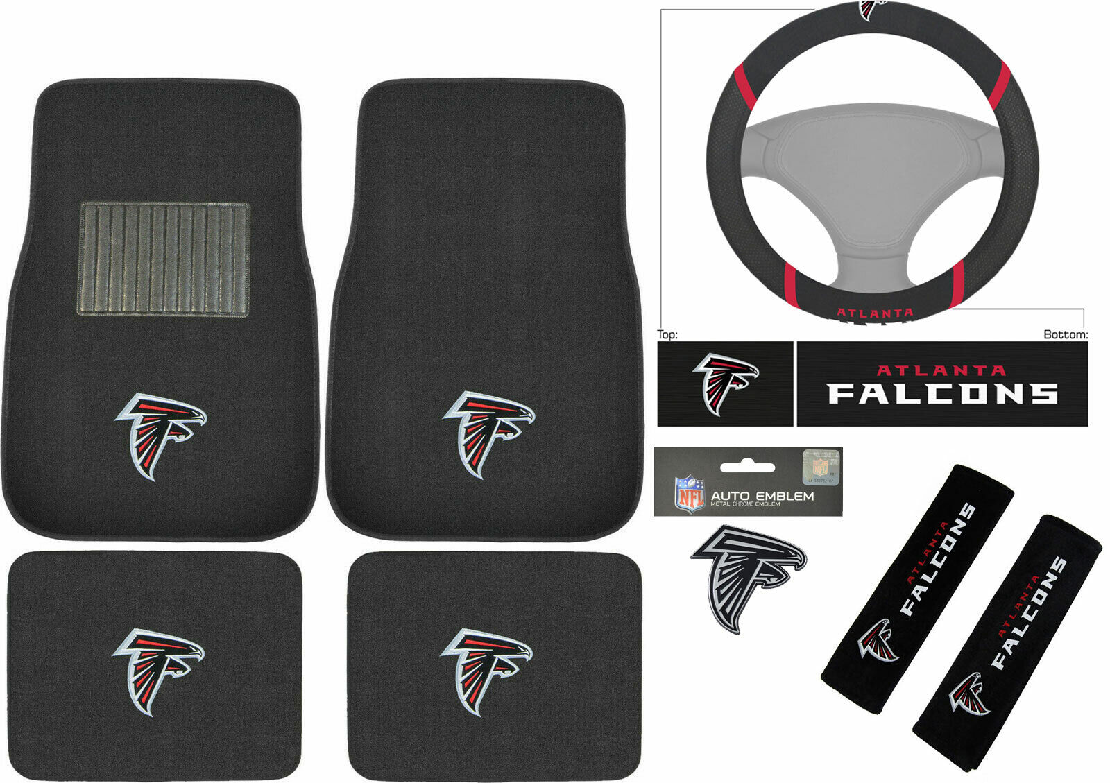 New 8pc Set NFL Atlanta Falcons Car Truck Floor Mats Steering Wheel Cover