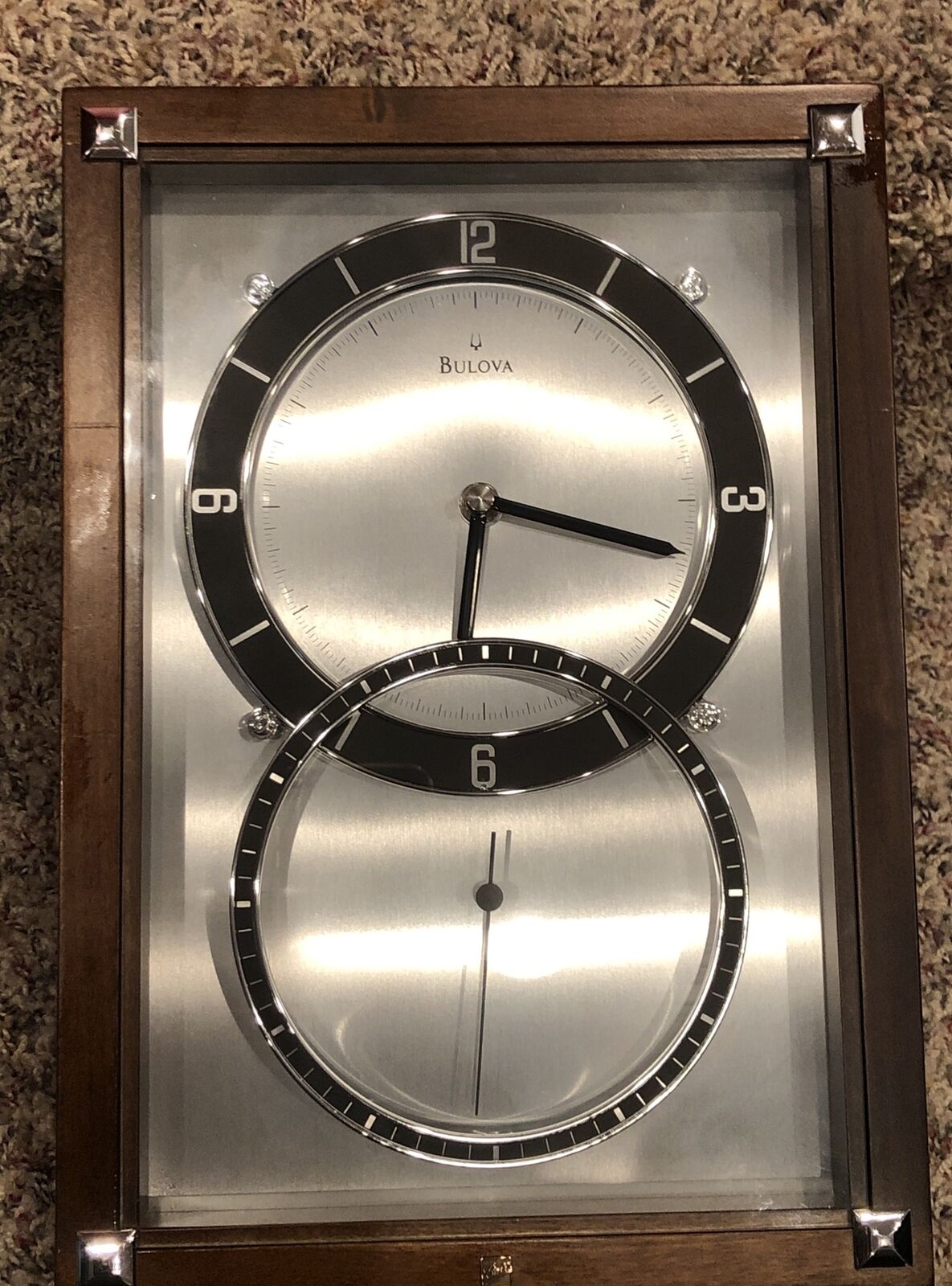 Bulova Double Face Wall Clock Wood Brass Dual  Battery Glass Unique  SUPERB COND