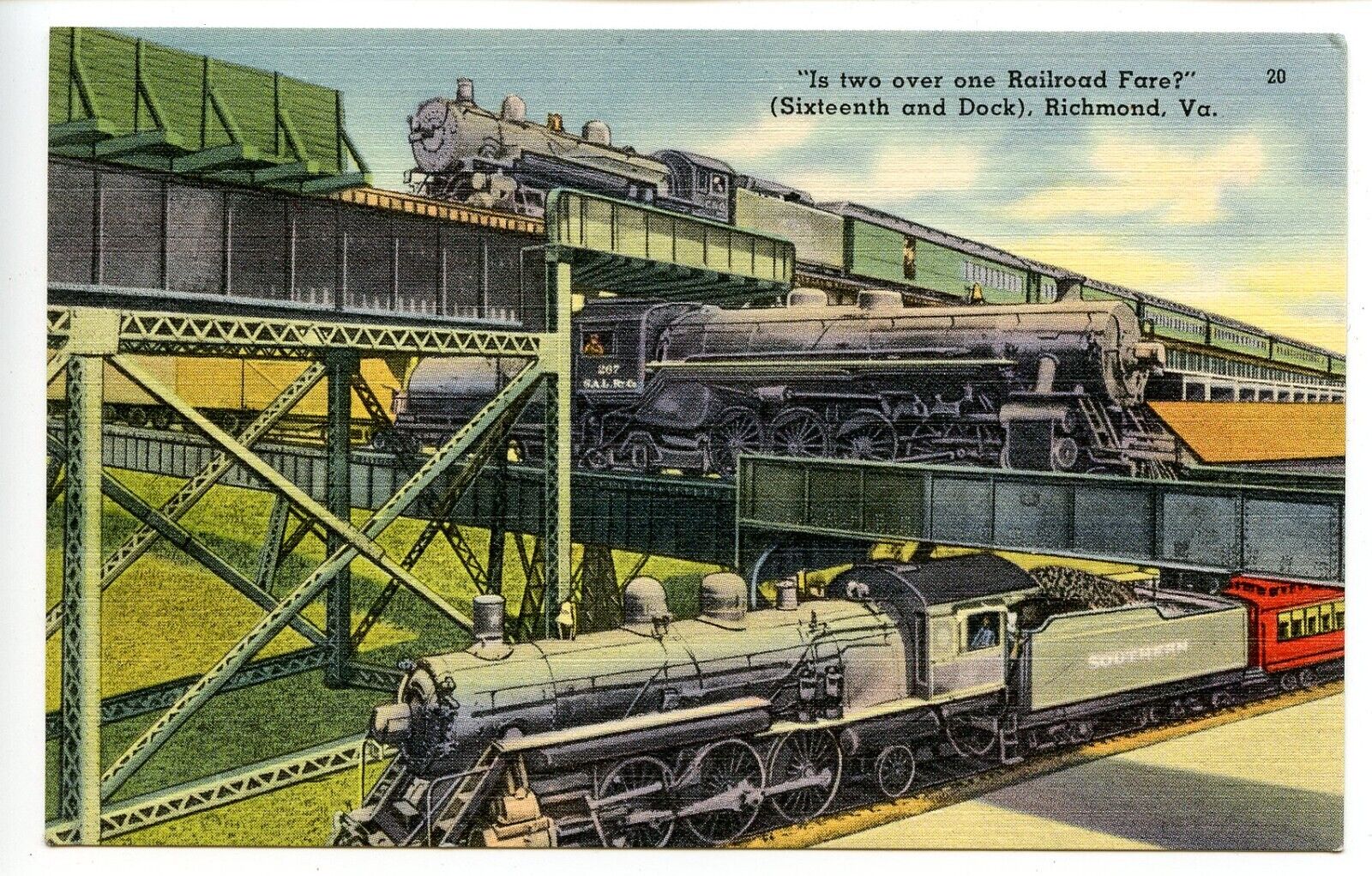 Is Two over one Railroad Fare Vintage Trains Richmond VA Postcard