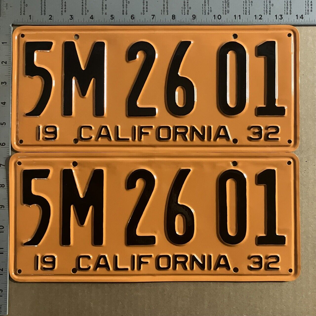 1932 California license plate pair 5M 26 01 YOM DMV Ford Chevy Dodge 11044