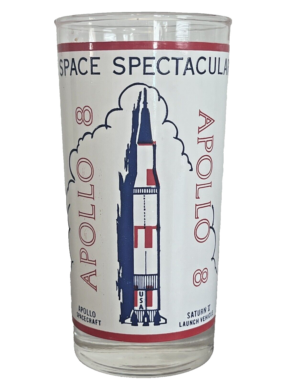NASA Souvenir Glass APOLLO 8 Saturn V Spacecraft Space Rocket Vintage 1968