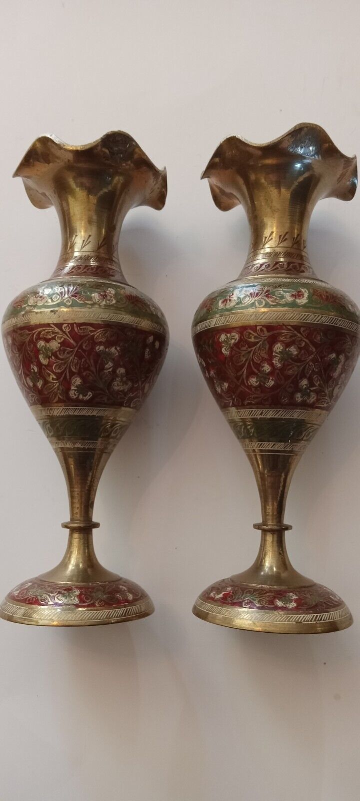 Vintage Hand Painted And Engraved Brass Bud Vase From British India 8 in tall