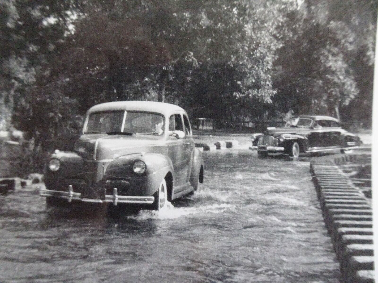 Vintage Photo Cars along a Flooded Road 5 1/4” x 3 3/4”, 1962 