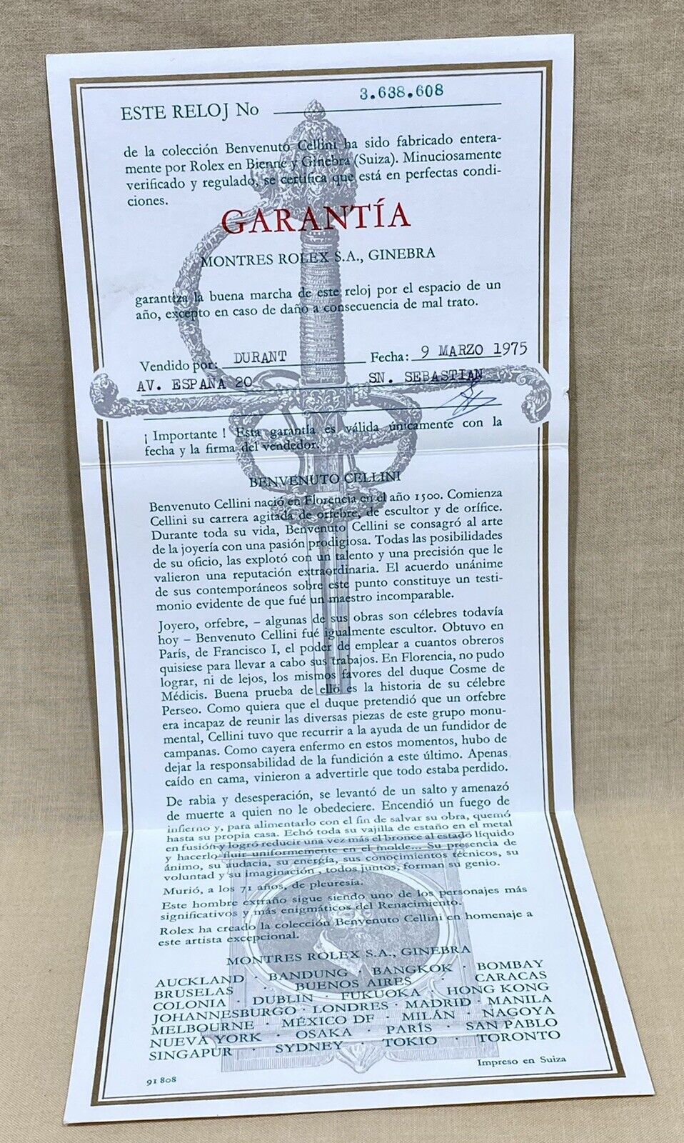 Rolex Cellini 1975 Certificate Guarantee KING MIDAS 9630 Gold Spanish OEM /