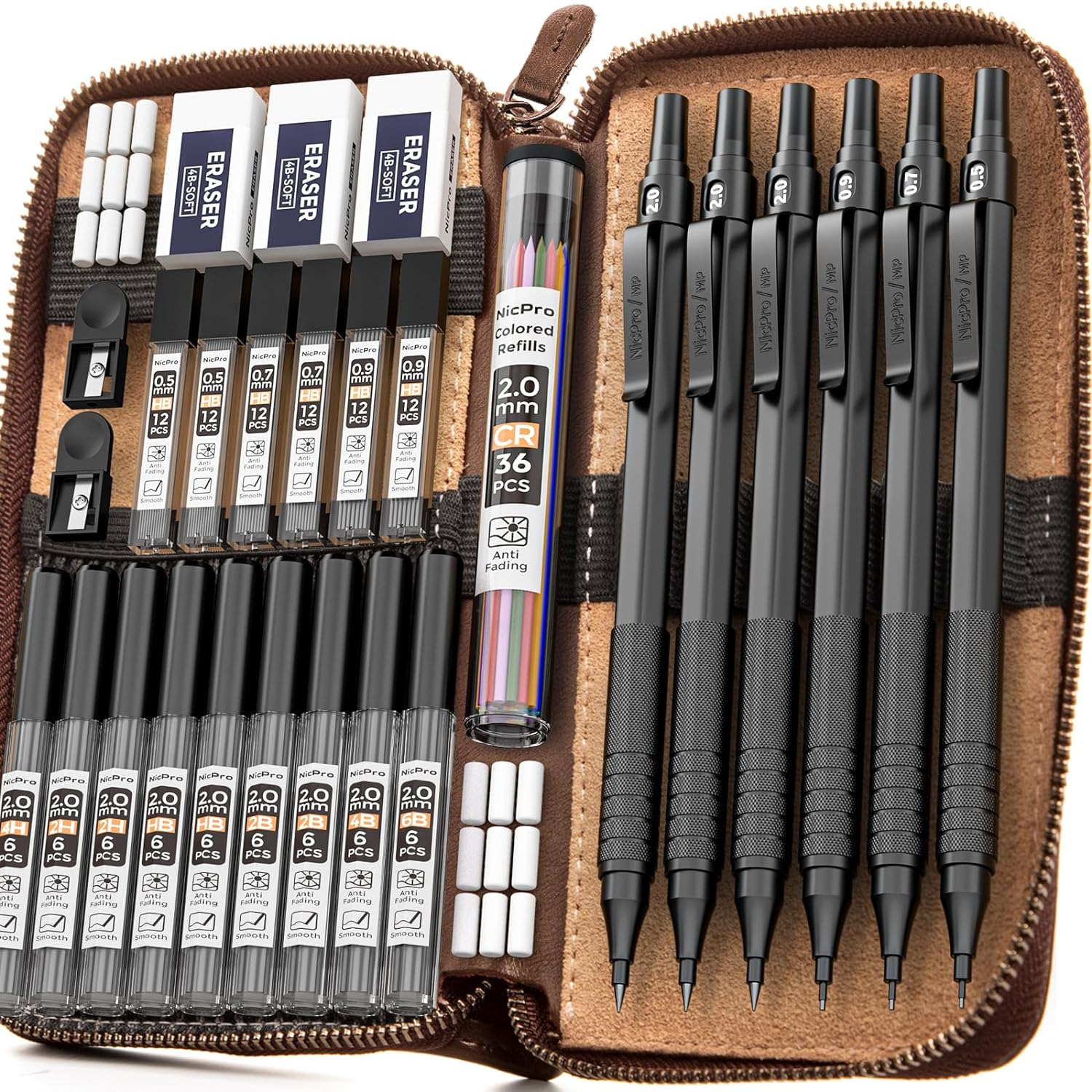 30PCS Black Metal Mechanical Pencils Set in Leather Case, Art Drafting Pencil 0.
