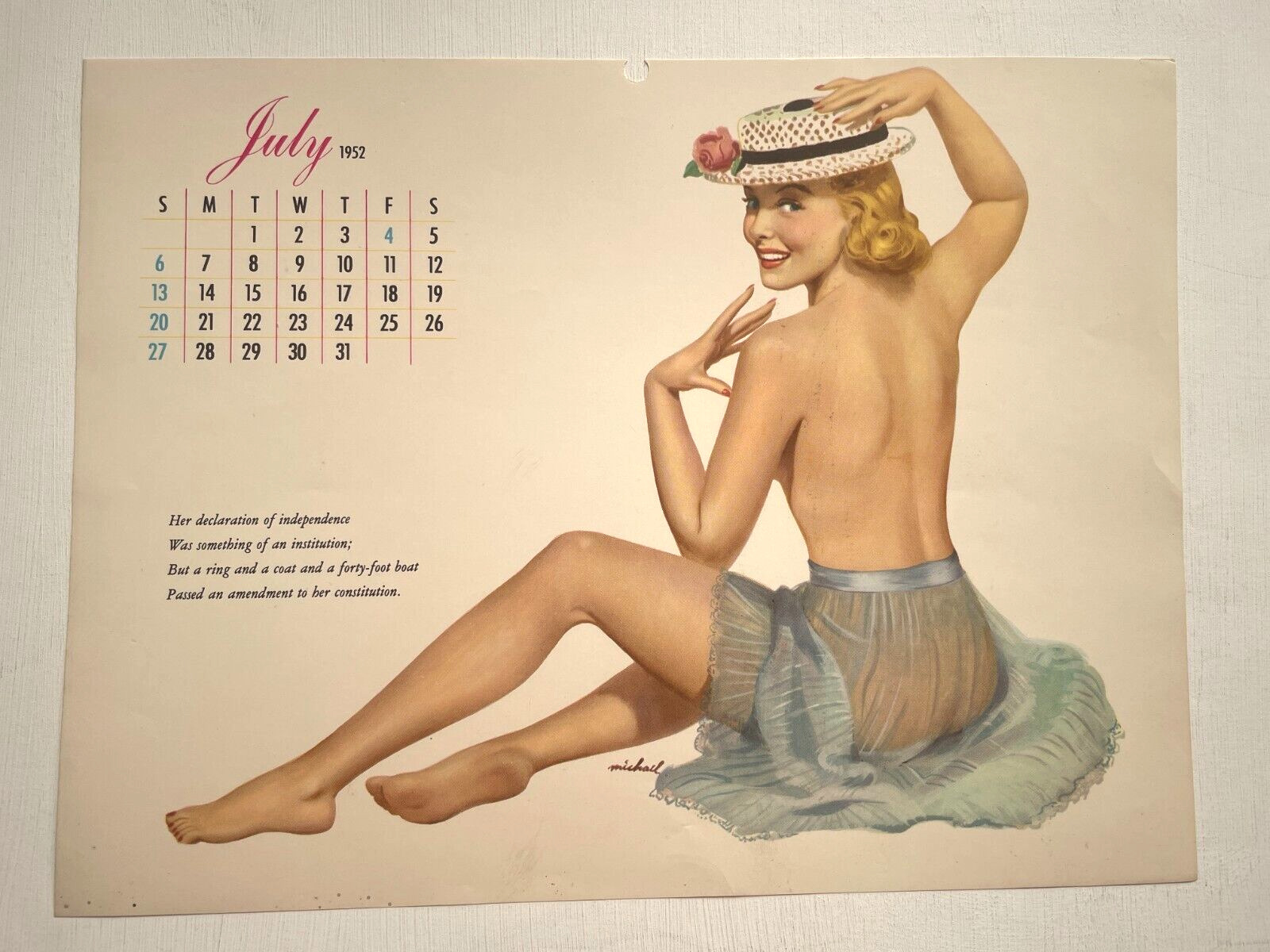 Vintage July 1952 Esquire Magazine Pinup Girl Calendar Page by Michael Silver