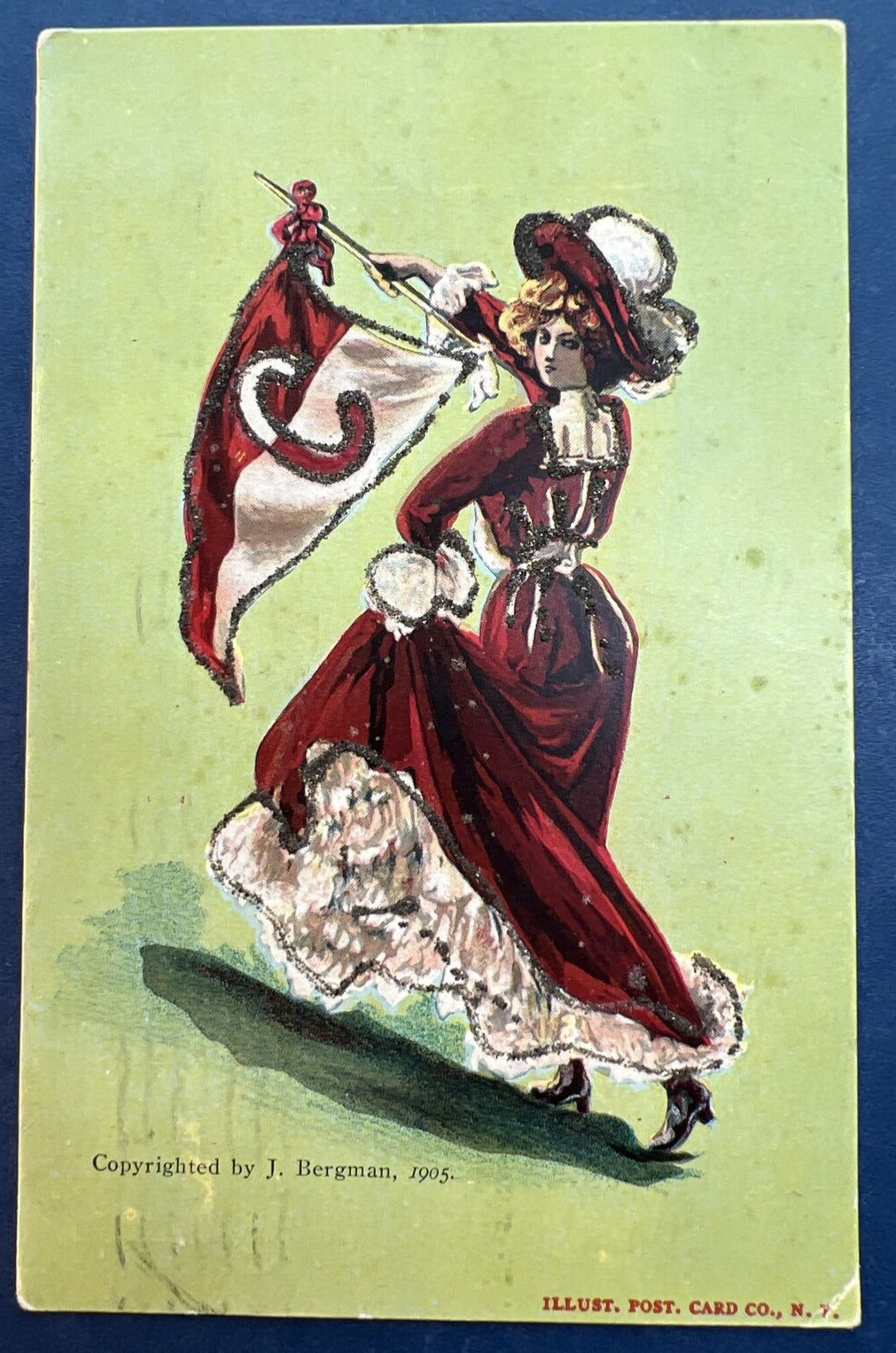 University Lady Single Greetings Antique Postcard.Glitter 1905. PUBL:Illustrated