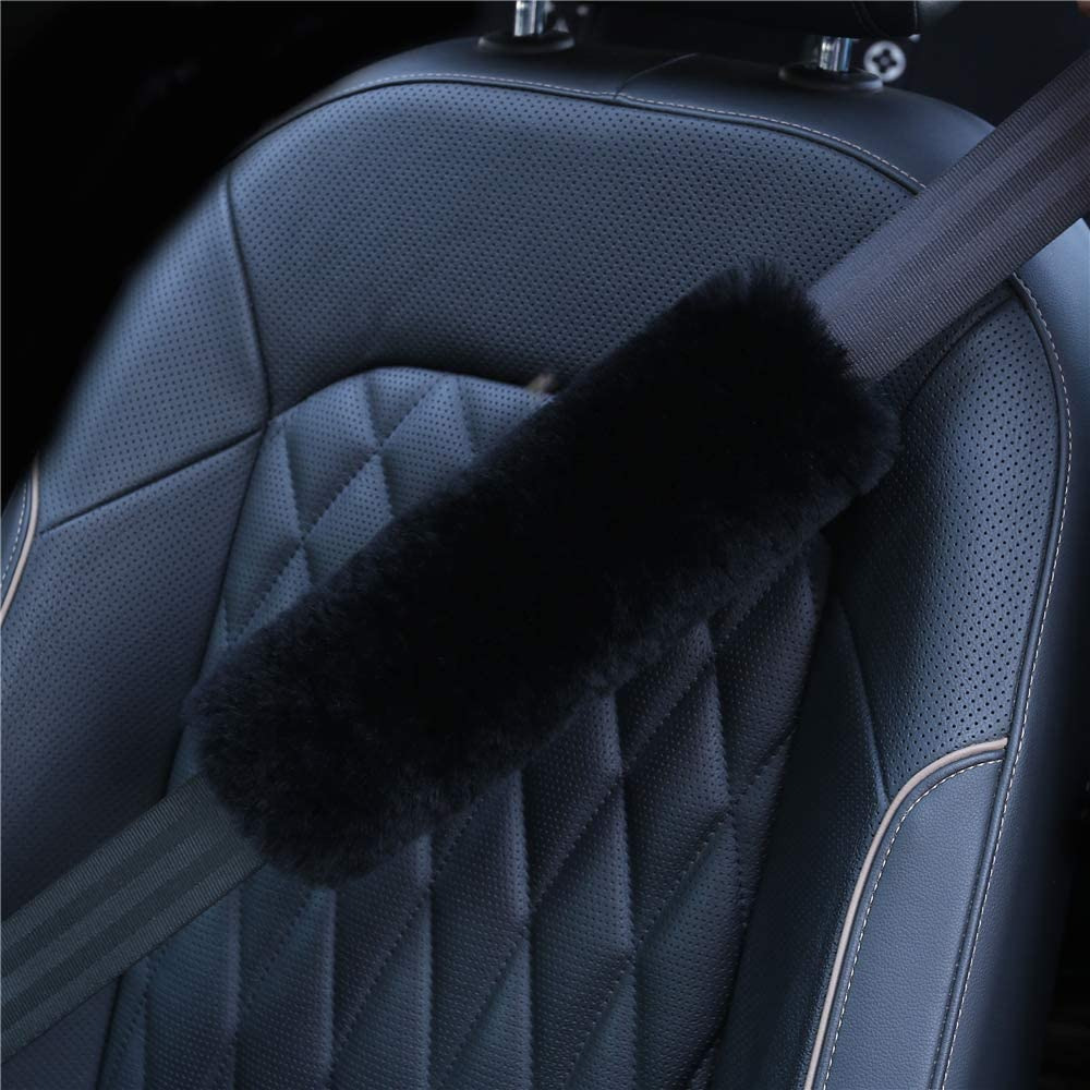2PC Black Fuzzy Genuine Sheepskin Seat Belt Strap Covers for Soft Comfy Shoulder