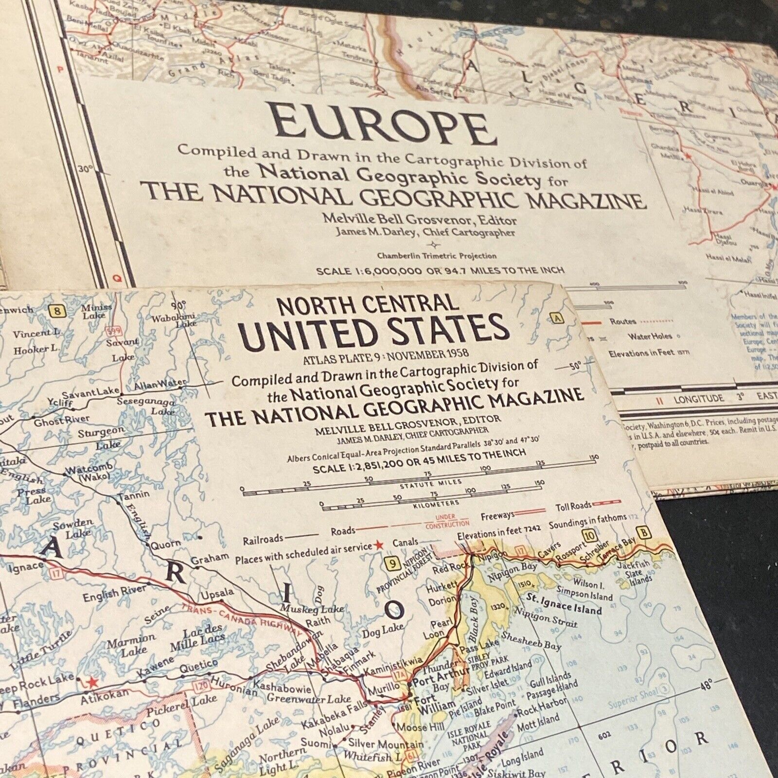 3 Maps- Vintage National Geographic Inserts- United States, Europe & Caspian Sea