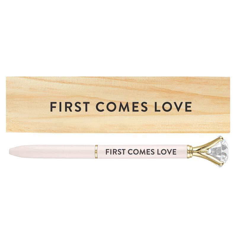 Wooden Engraved Gift Box with Gem Ballpoint Pen 5.5 Inch First Comes Love 4 Pack