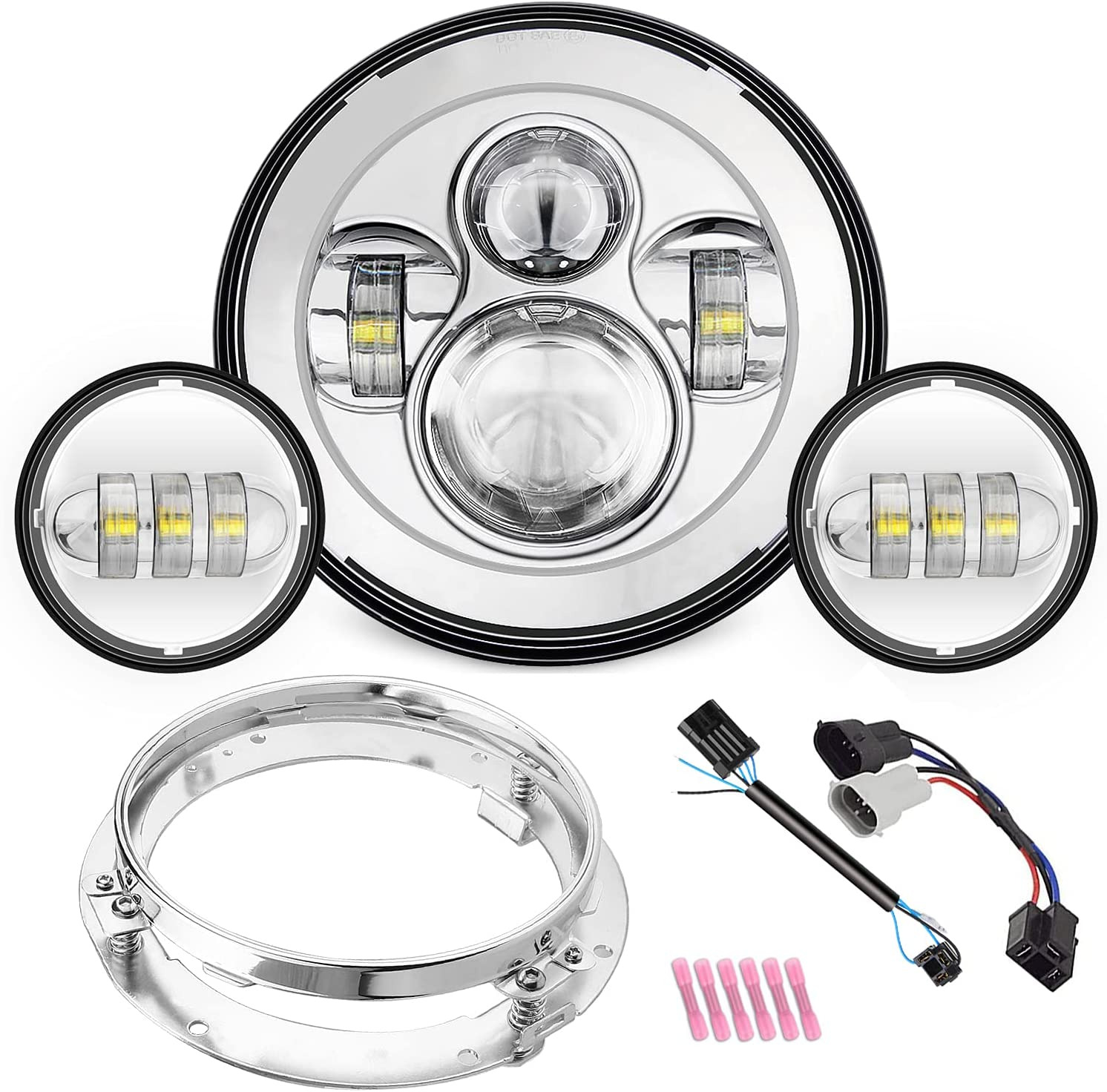 Motorcycle 7 Inch LED Headlight Chrome Compatible with H_Arley Road King, Compat