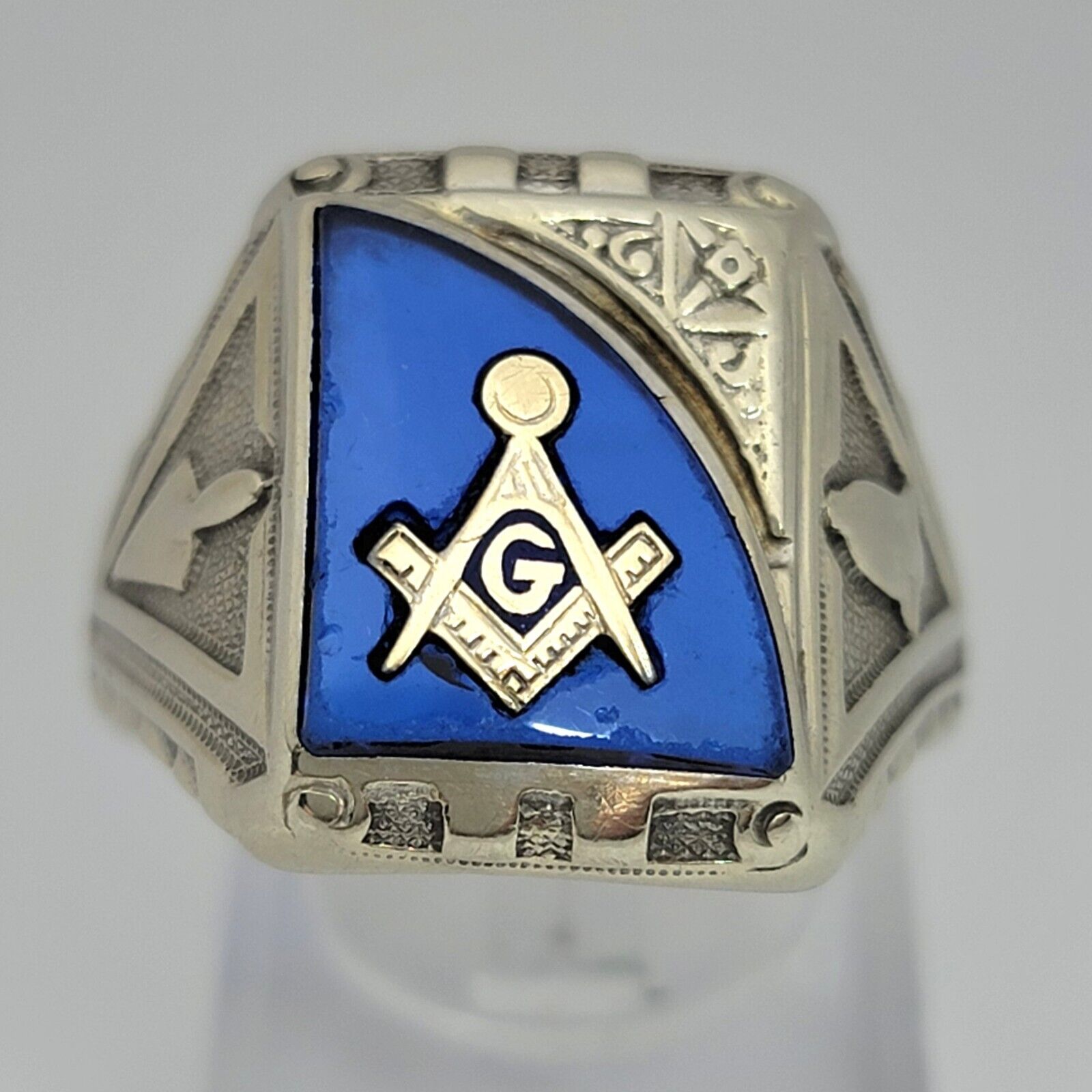 Vintage 10k White Gold Blue Spinel Masonic Ring Size 11 - 6.4gr Signed Gothic