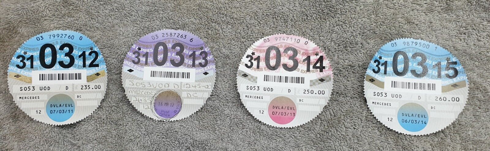 Mercedes 4 x Old Car Tax Discs. Sequential 2012 - 2015.