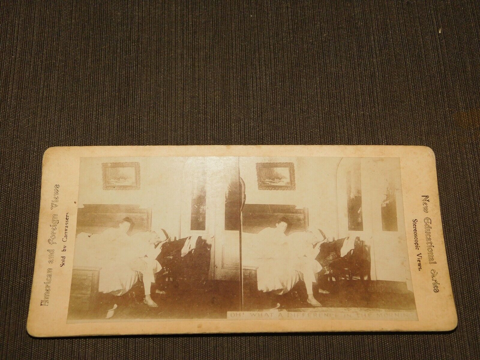 VINTAGE STEREOVIEW STEREOSCOPE CARD FUNNY OH WHAT A DIFFERENCE IN THE MORNING