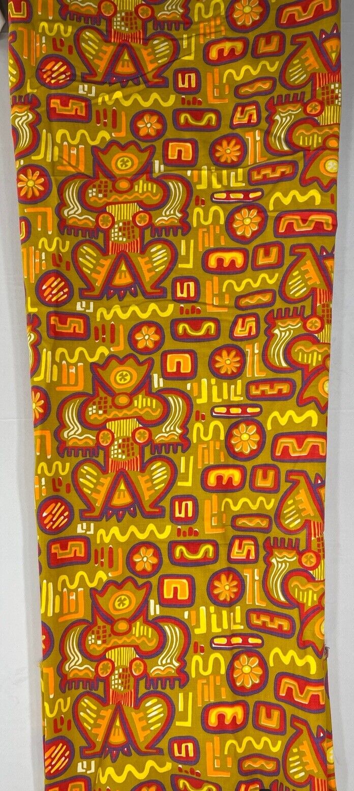 Vintage 1990s Fabric Tribal Daisy Abstract Print Gold Orange Purple Fun 45 X 95