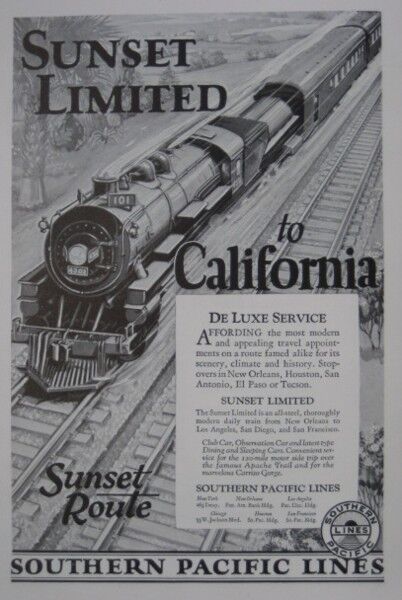 Original 1926 SOUTHERN PACIFIC RAILROAD Sunset Limited Ad Steam Locomotive 4302