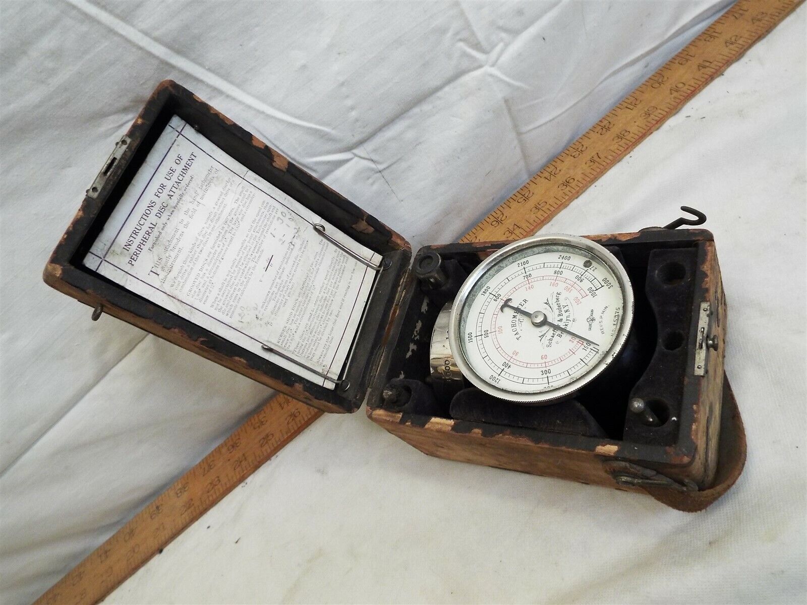 Vintage Schaeffer & Budenberg NY Hand Tachometer in Wood Box Tips Instrument RPM