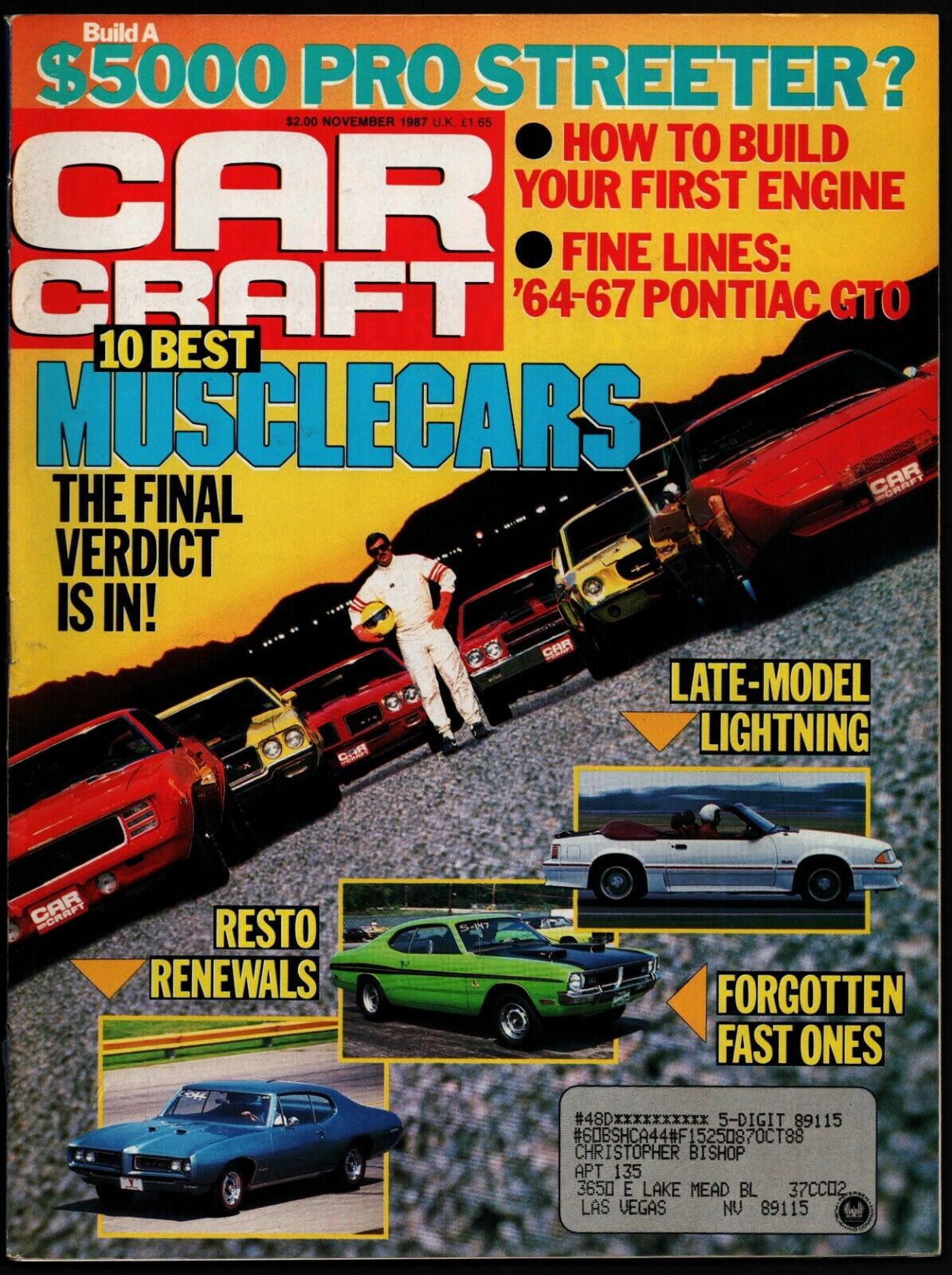 NOVEMBER 1987 CAR CRAFT MAGAZINE, 10 BEST, \'64-67 PONTIAC GTO, \'67 Z/28 CAMARO