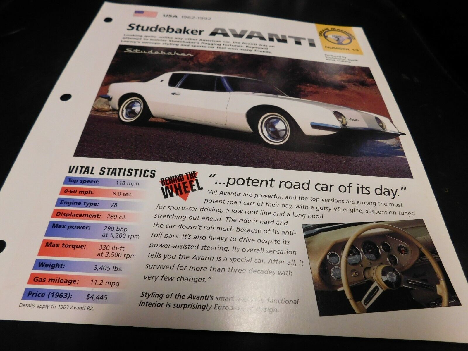 1962-1992 Studebaker Avanti Spec Sheet Brochure Photo Poster 63 64 65 66 67 68