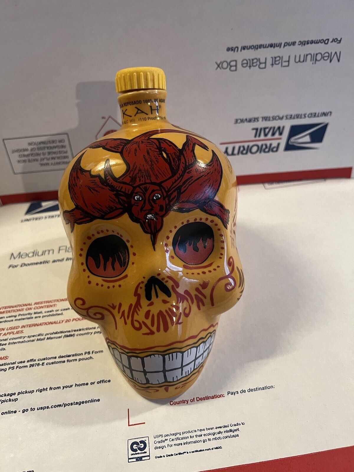 Hand Painted Day Of the Dead Yellow Red Devil 750ml Skull Decanter-Kah Tequila 