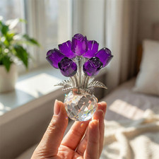 Crystal Colorful Rose Flower Collectible Figurine With Vase Rose Bouquet Floral picture