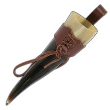 German Drinking Beer Bovine Cow Horn Medieval Norwegian +Free Brown Leather Frog picture