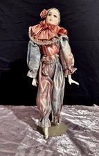 Pink/blue Pierrot Porcelain Face Doll W/stand picture