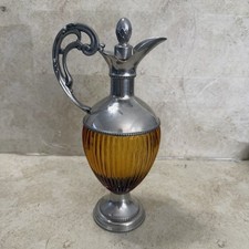 VTG Les Etains France Decanter Ribbed Amber Glass Pewter Vase Made in France picture