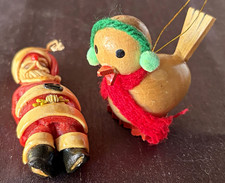 2 Vtg Christmas Ornaments JR Dakin Wood Bird  &  Dough Santa picture