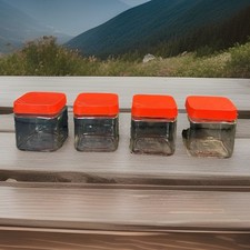 Four 1970s Vachon Caramel Spread Glass Jars Empty Glass Jars w/red plastic lids picture