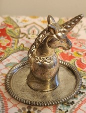 Vintage Unicorn Silver Plate Ring Holder Trinket Dish Jewelry Keys Fantasy picture