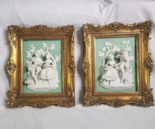 Vintage Friedrich Wessel Frankenthal German Porcelain Bisque 3D Plaque Set Of 2  picture