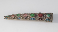 Antique Chinese Silver Filigree Jade and Gemstone Fingernail Guard Brooch Enamel picture