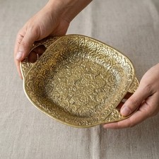 Handmade Floral Embossed Brass Tray, Jewelry Dish with Handles, Trinket Organize picture