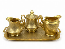 Antique Gold Pickard Wheeling Tea Service Set TeaPot Creamer Sugar 5 Pc Tray picture