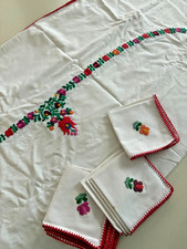Vintage Hungarian Hand Embroidered Tablecloth 46x56 + 12 Napkins Folk Floral picture