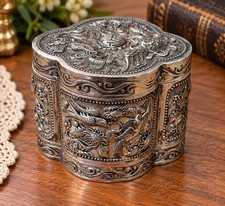 Vintage Chinese Silver Plated Trinket Box Repousse Dragon Phoenix Velvet Inside picture